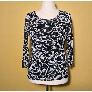 Alfani Black White 3/4 Sleeve Pullover Top Womens Medium Nylon Lined Floral 8046